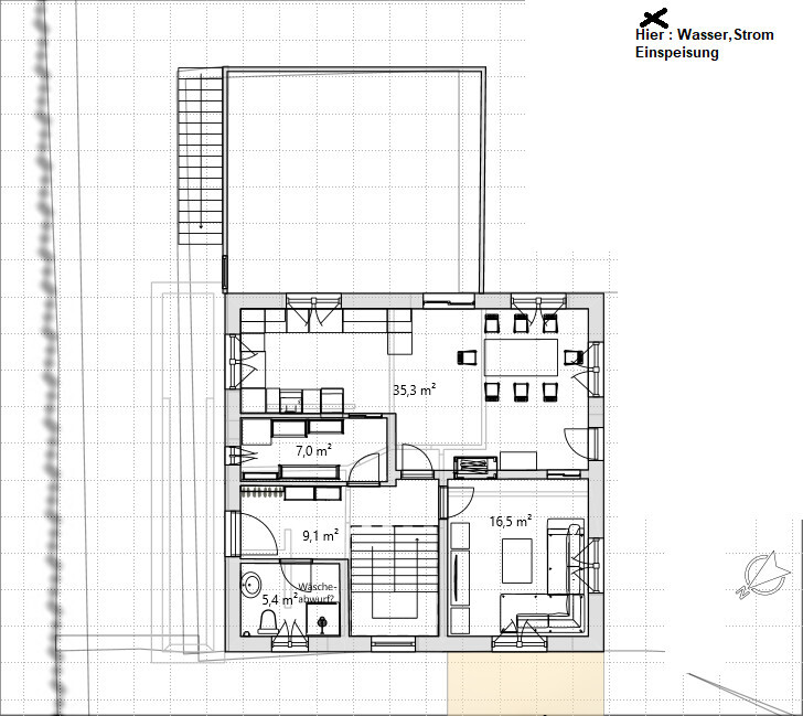 Grundrissplan eines Hauses mit Wohnzimmer, Küche, Essbereich und Bad im Erdgeschoss