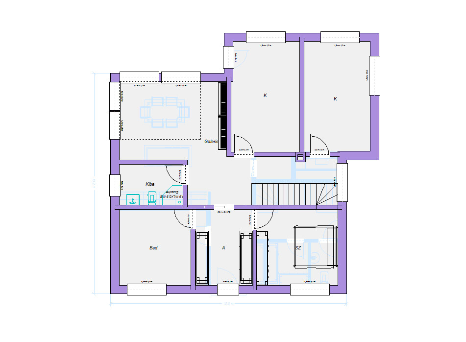 Grundriss eines Hauses: Treppenhaus, Galerie, Bad, SZ, A und zwei Räume mit K-Beschriftung.