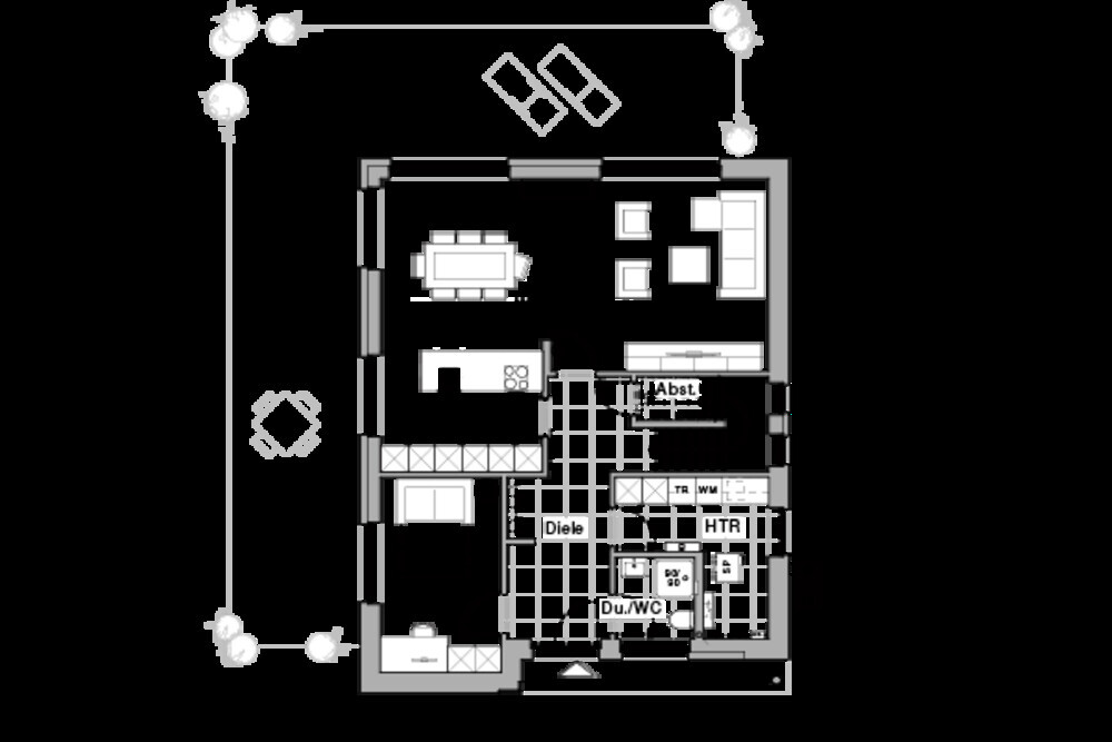 Grundriss eines Hauses: offener Wohn-Essbereich, Küche, Diele, Bad/WC, Schlafzimmer
