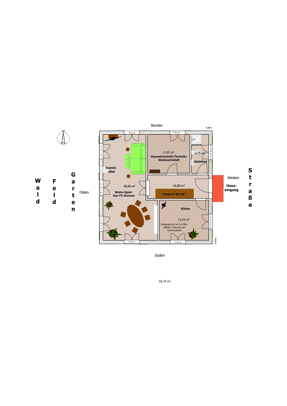 Grundriss eines Hauses mit Wohnzimmer, Küche, Gäste-Bad, Hauswirtschaft und Treppe ins OG.