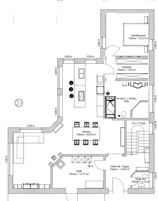 Grundriss eines Hauses: Küche mit Insel, Allraum, Schlafzimmer, Ankleide, HWR, Gäste-WC.