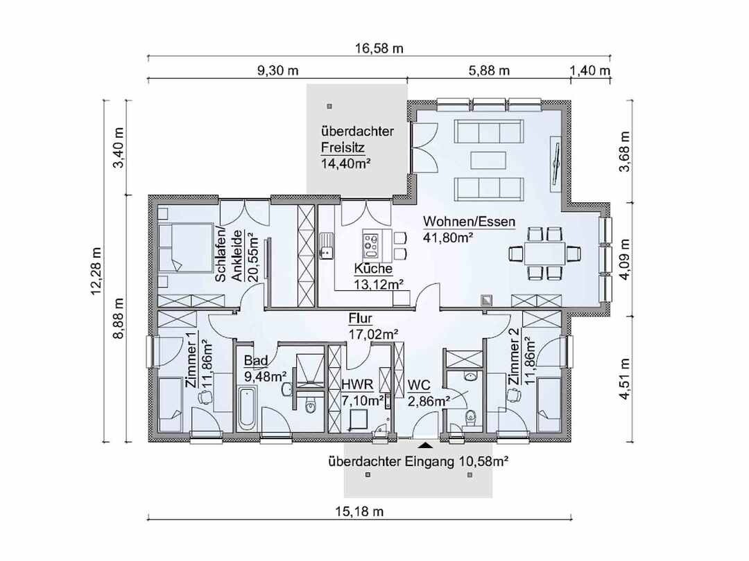 Grundriss eines Hauses: Wohnzimmer, Küche, Flur, zwei Zimmer, Bad, WC, HWR, Freisitz, Eingang.