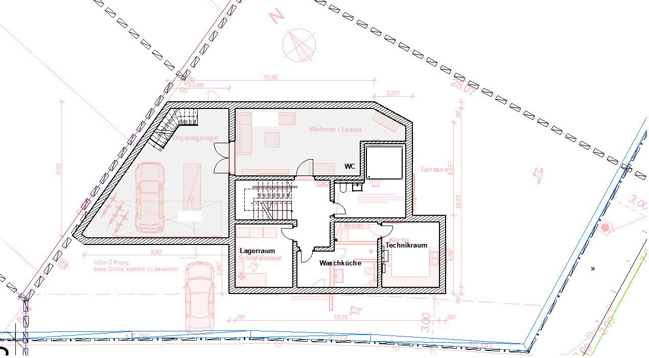 Grundriss eines Hauses mit Garage, Wohn-/Essbereich, Küche, WC und Terrasse.