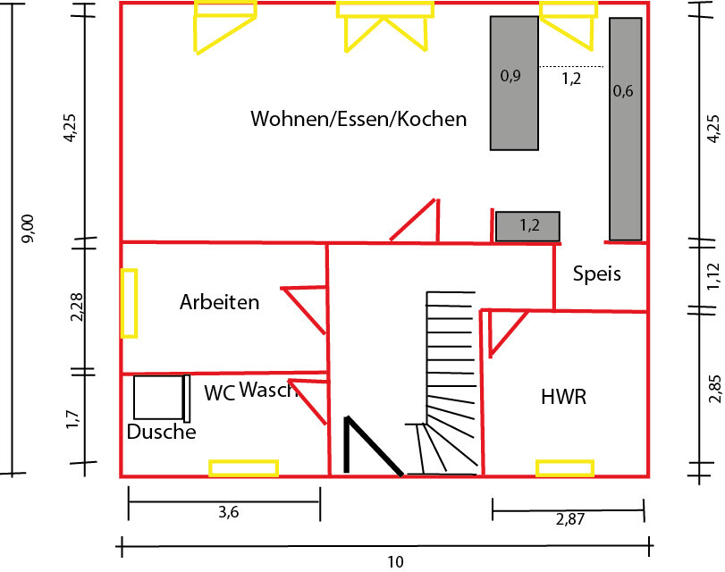 Grundriss eines Hauses: Räume Wohnen/Essen/Kochen, Arbeiten, Speis, HWR, WC/Dusche, Treppe.