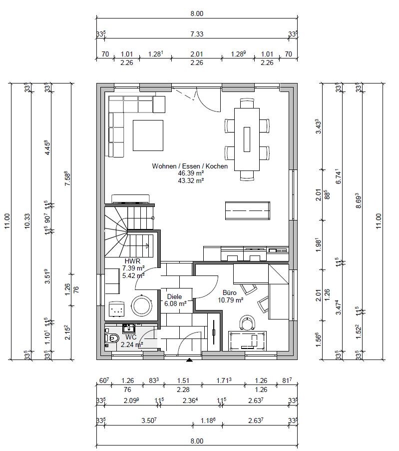 Erdgeschoss-Grundriss: Wohnen/Essen/Kochen, Büro, Diele, HWR, WC, Treppe.