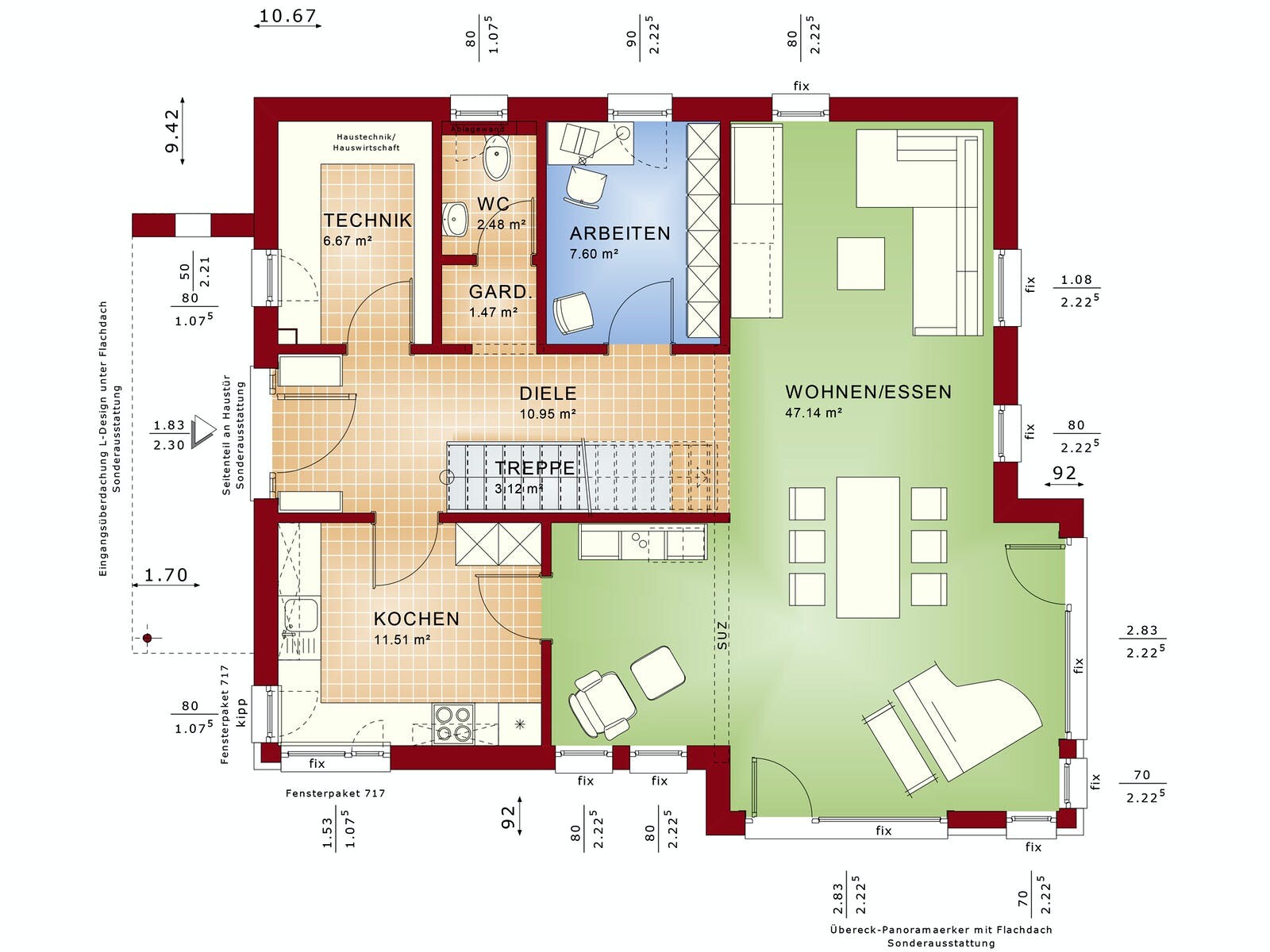 Grundriss eines Hauses: Küche, Diele, Wohnzimmer/Essbereich, Arbeitszimmer, Technikraum, WC, Treppe.