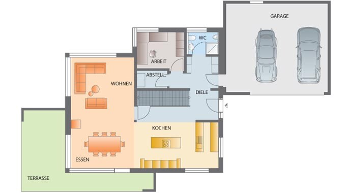 Grundriss eines Hauses mit Wohnen, Essen, Kochen, Diele, WC, Garage und Terrasse.
