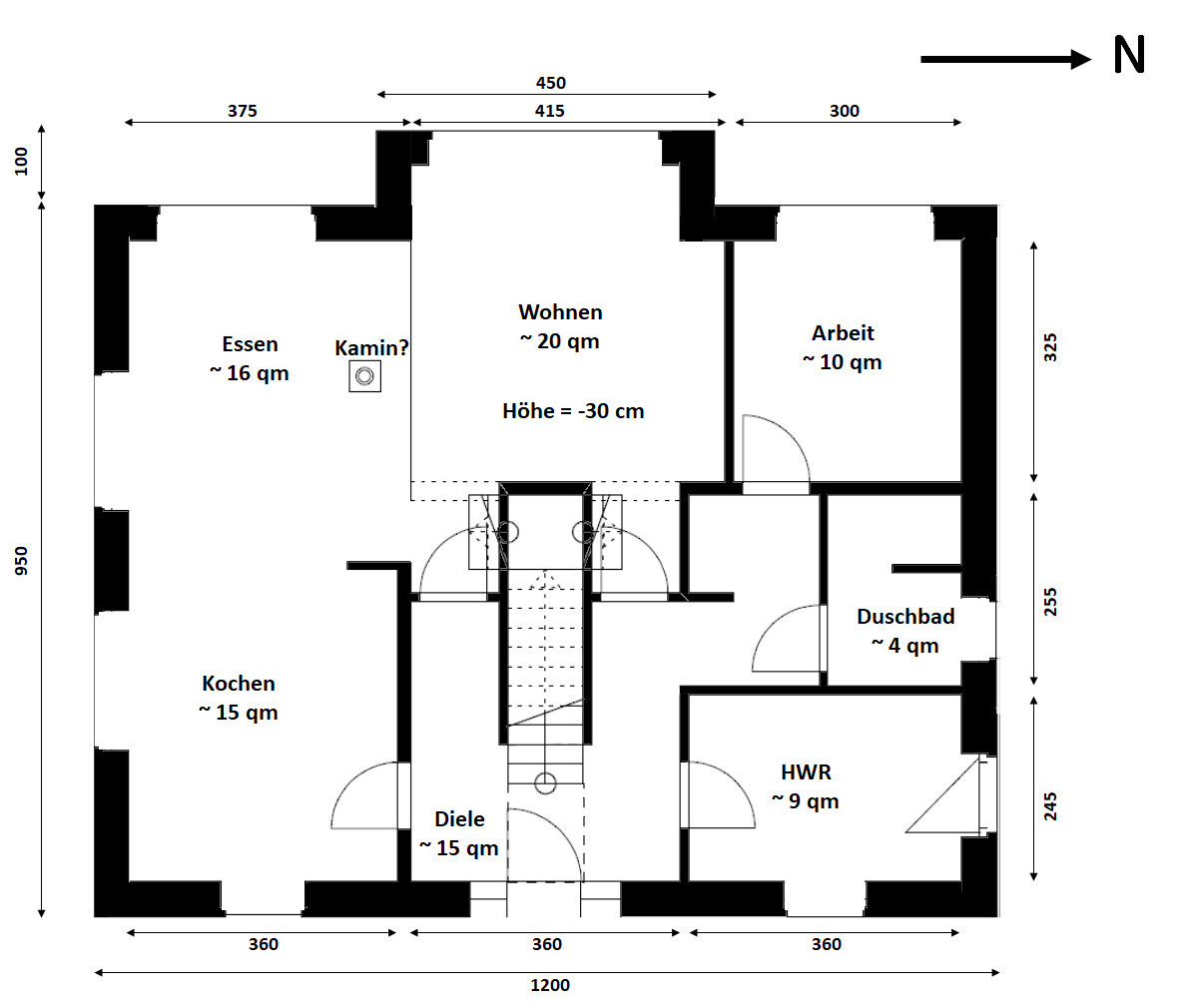 Grundriss eines Hauses mit Kochen, Essen, Diele, Wohnen, Arbeit, Duschbad, HWR; Nord-Ausrichtung