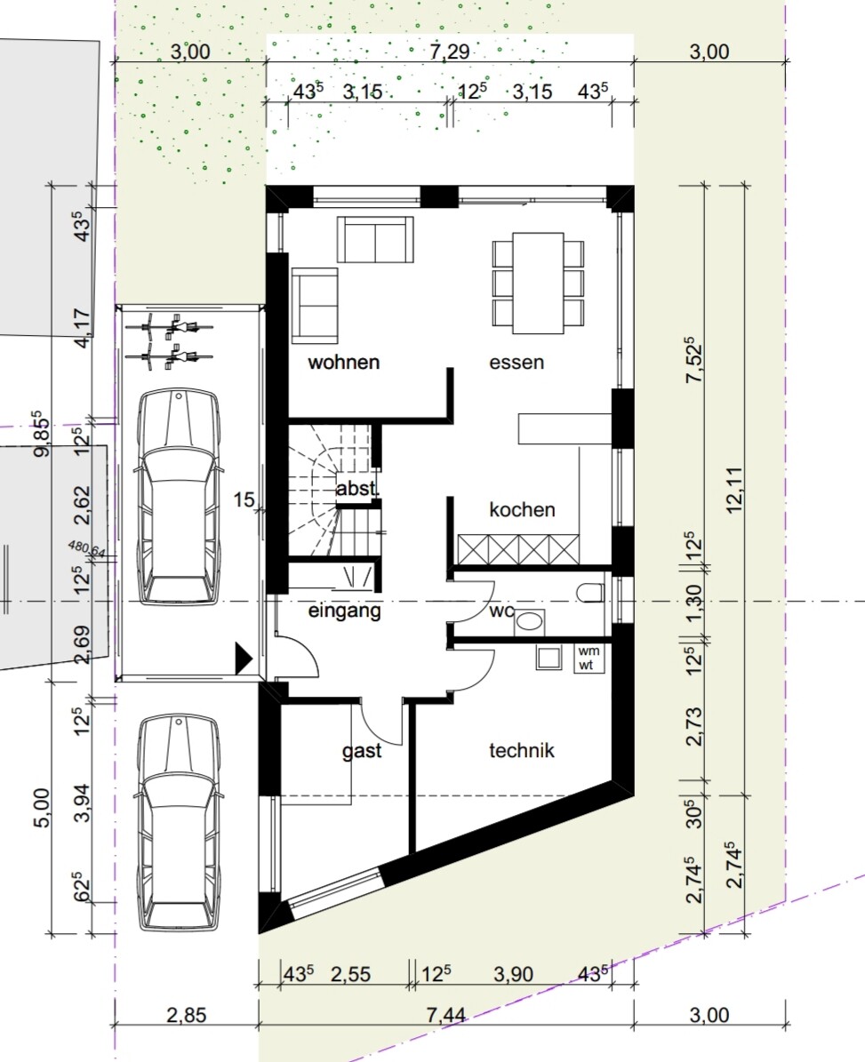 Grundriss eines Hauses: Wohn- und Essbereich, Küche, Technik, Gästezimmer, Eingang, Garage.