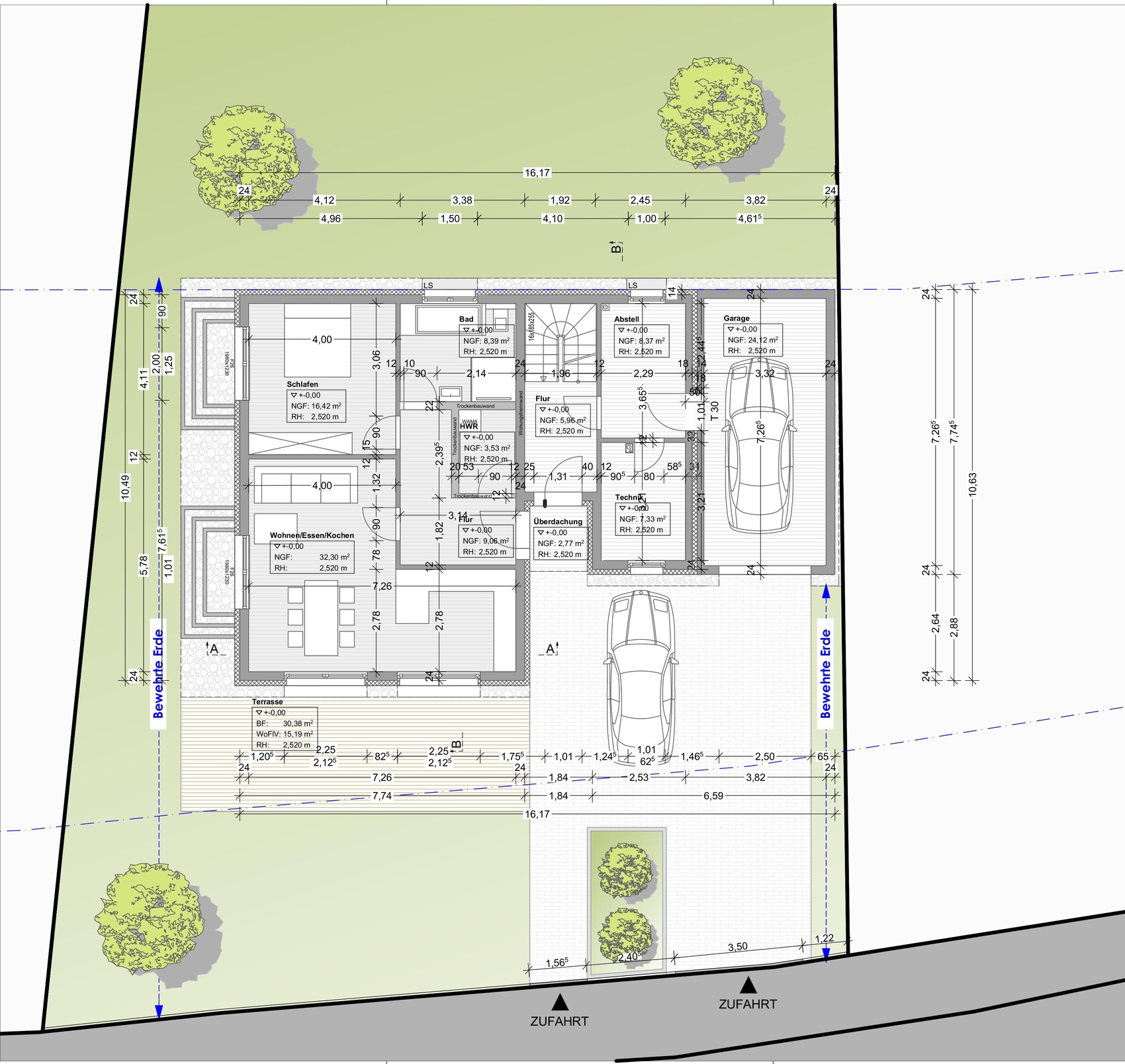 Grundriss eines Einfamilienhauses mit Garten, Garage und Zufahrt