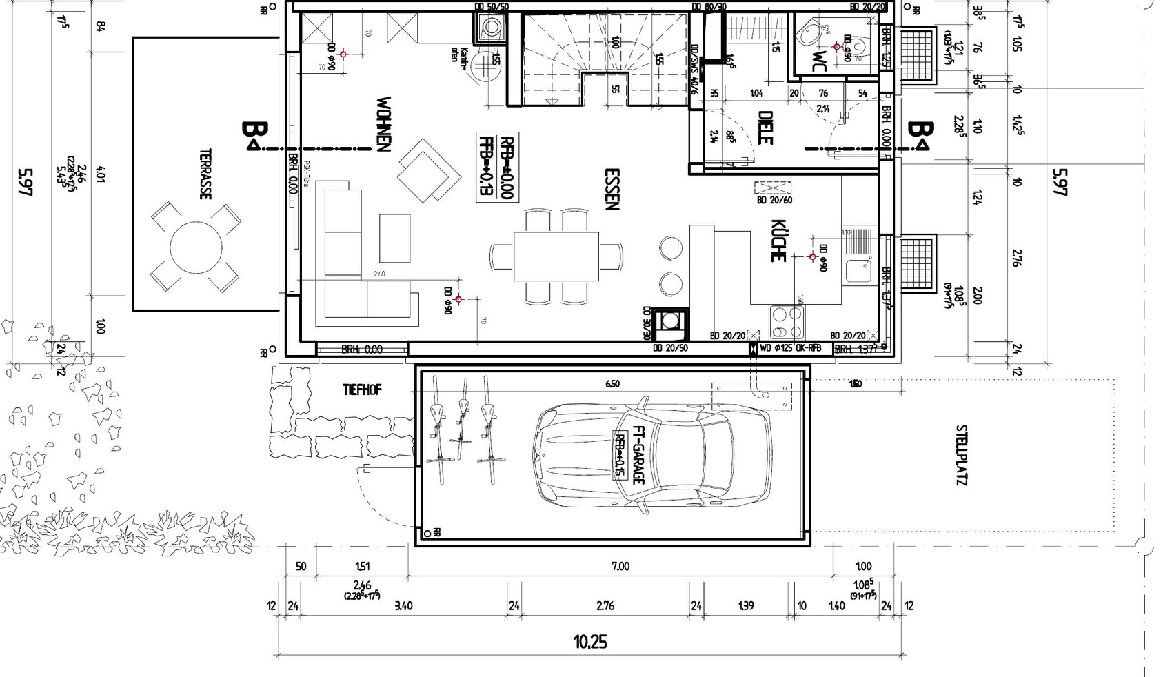 Grundriss eines Hauses: offener Wohn-/Essbereich, Küche, Diele, Terrasse, Tiefhof, Garage/Stellplatz
