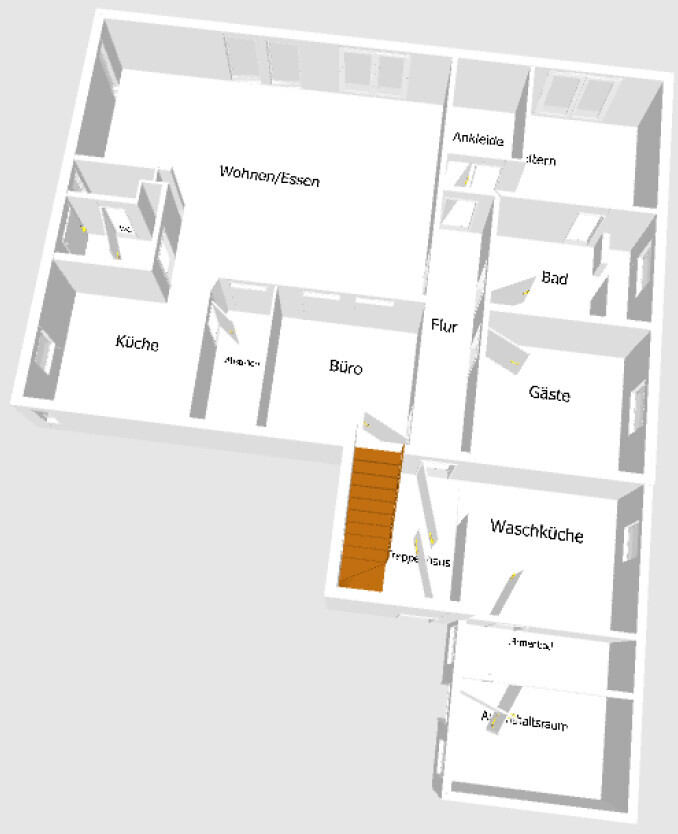 3D-Grundriss eines Hauses mit Wohn-Essbereich, Kuche, Bad, Buro und Gaestezimmer.