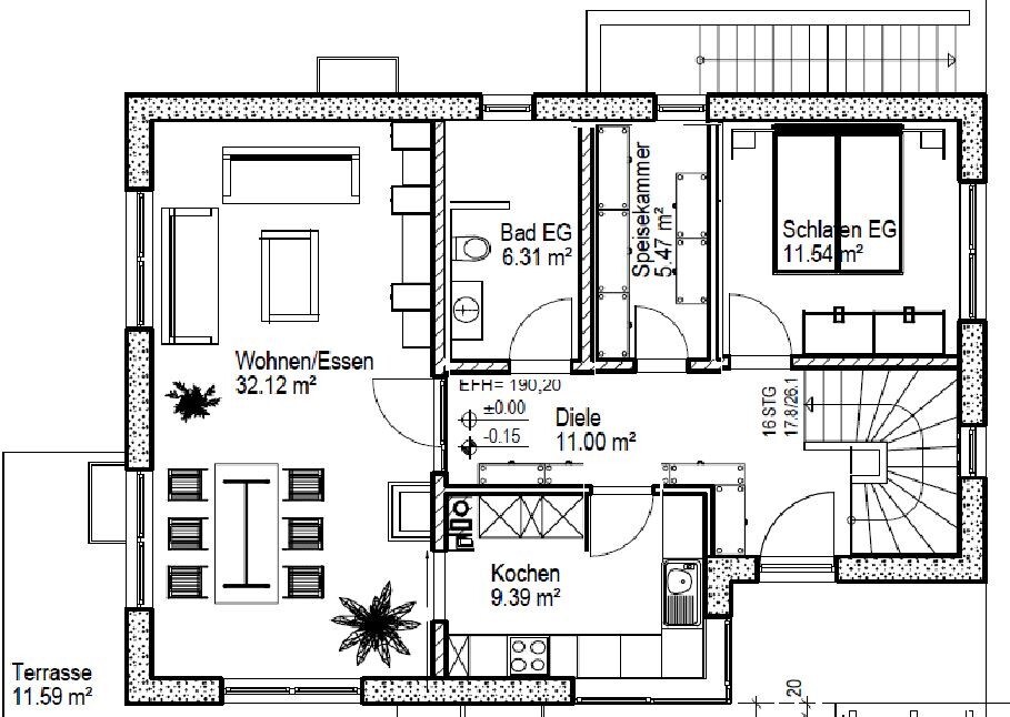 Grundriss eines Hauses: Wohnzimmer/Essen, Küche, Diele, Bad, Speisekammer, Schlafen, Terrasse