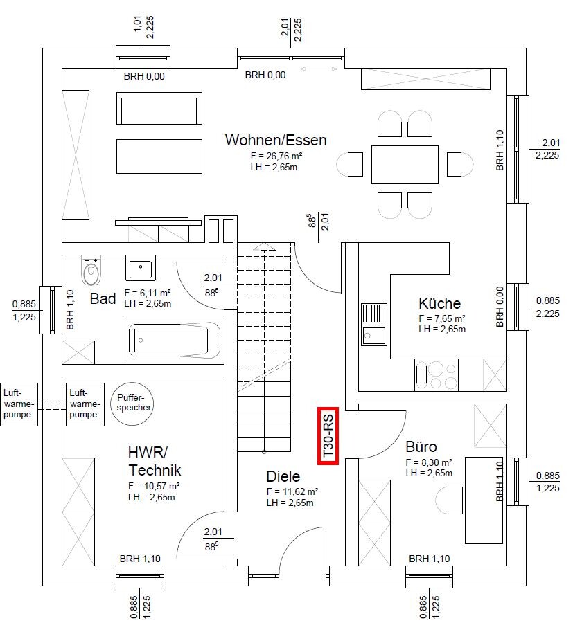 Grundriss eines Hauses mit Diele, Wohnen/Essen, Küche, Büro, Bad, HWR/Technik und Treppe.