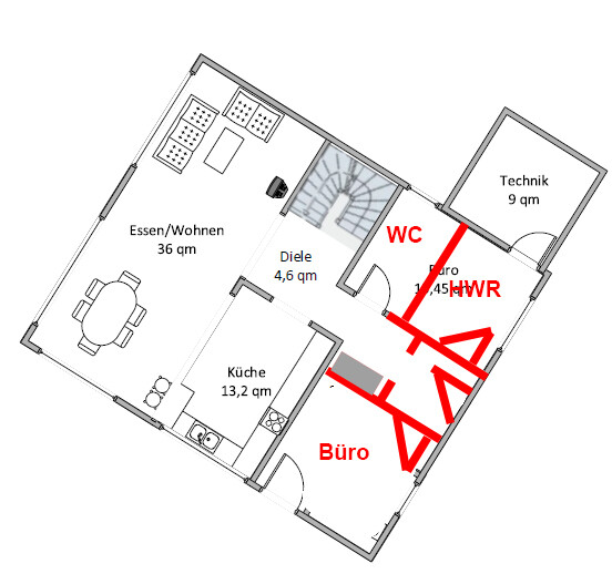 Grundriss eines Hauses mit Wohnzimmer, Küche, Diele, Büro und Technikbereich