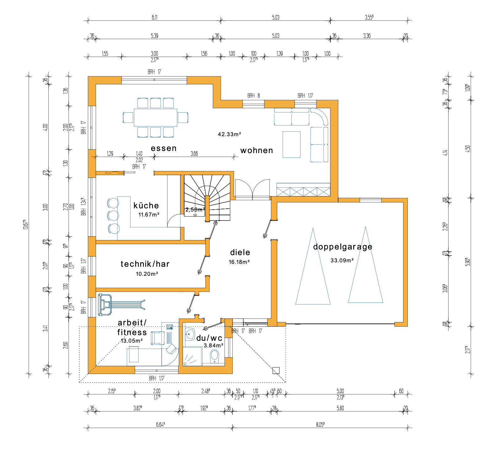 Grundriss eines Hauses: Küche, Essen, Wohnen, Diele, Doppelgarage, Technik, Arbeit/Fitness, Du/WC