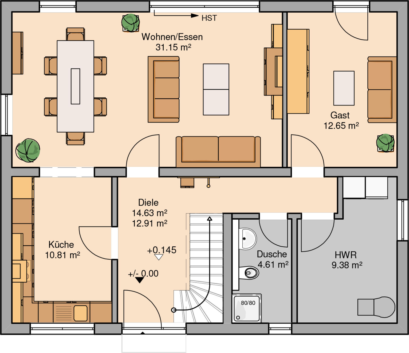Grundriss eines Wohnhauses: Wohnzimmer mit Essecke, Gästezimmer, Küche, Diele, Dusche, HWR.