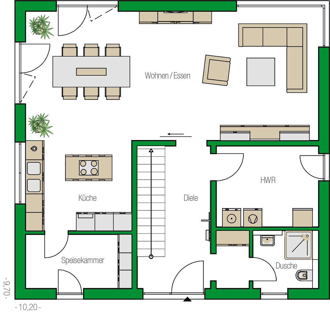 Grundriss eines Hauses mit Küche, Speisekammer, Diele, Wohnen/Essen, HWR, Dusche und Treppen.