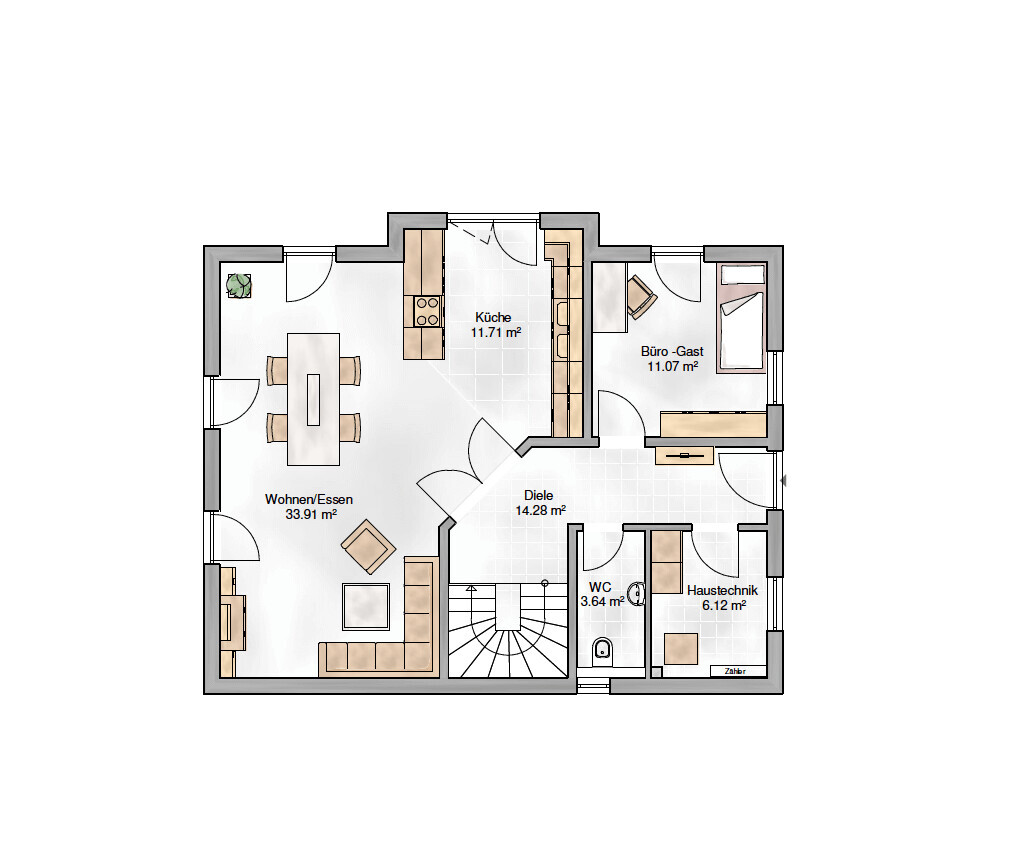 2D-Grundriss eines Hauses mit Wohnbereich, Essen, Küche, Diele, Büro und Haustechnik