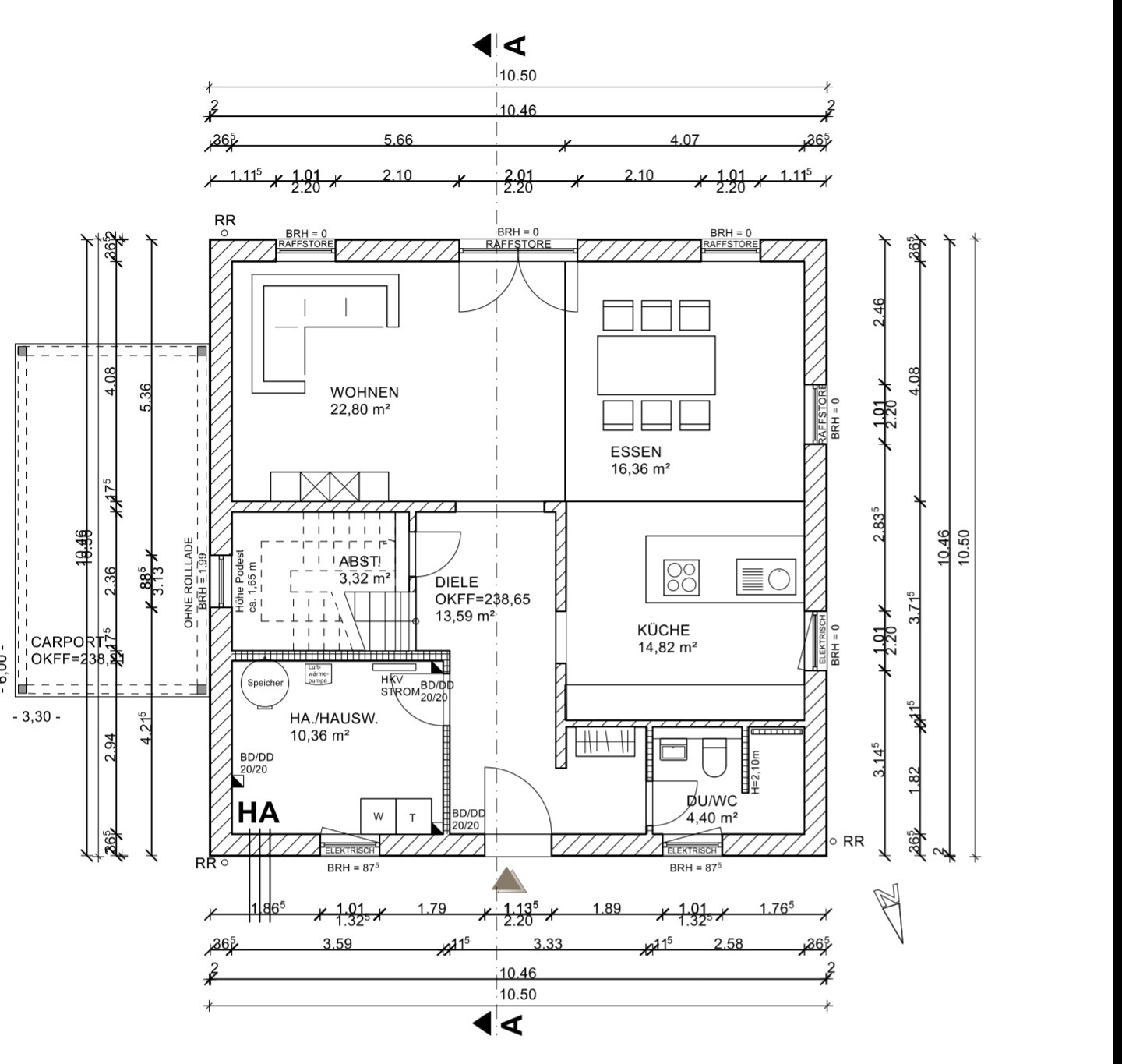 Grundriss eines Einfamilienhauses: Wohnen, Essen, Küche, Diele, DU/WC, HA, Abstellraum, Carport.