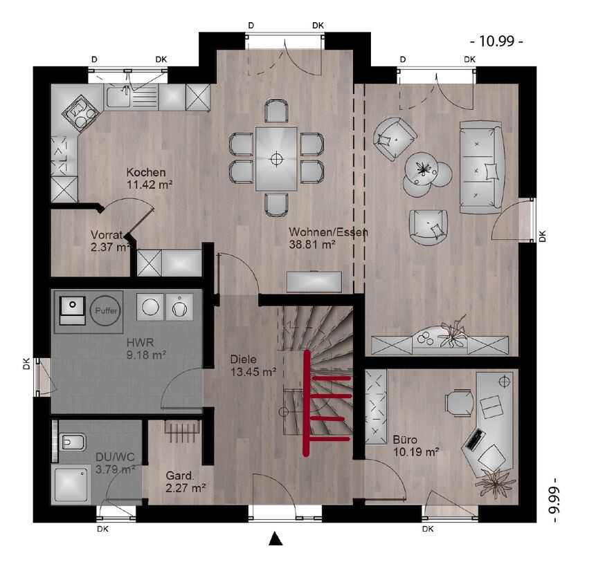 Grundriss eines Hauses mit Küche, Wohnen/Essen, Büro, Diele, HWR, Garderobe, DU/WC.