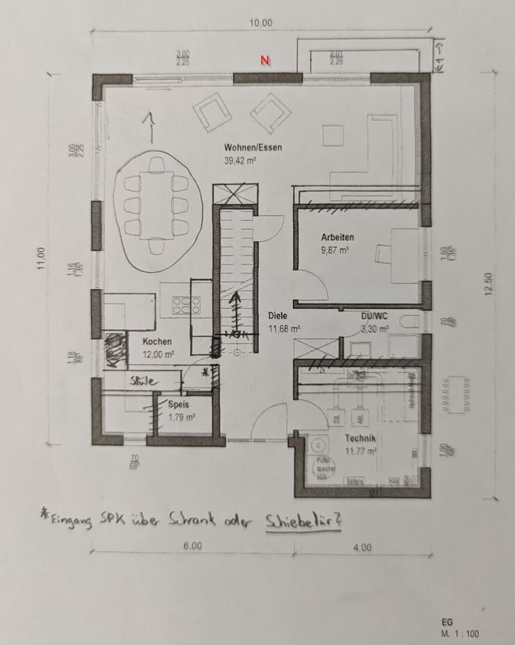 Grundriss eines Hauses mit Wohnen/Essen, Küche, Arbeitszimmer, Diele, Technik und DU/WC.