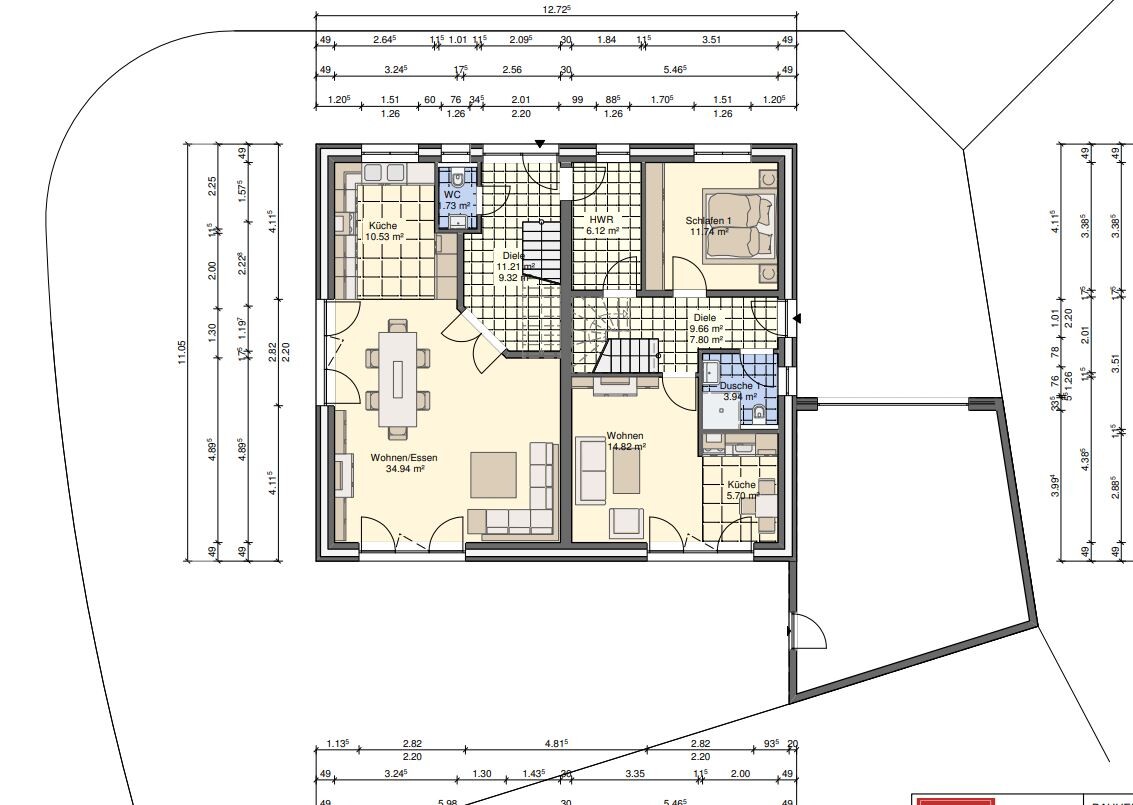 Grundriss eines Wohnhauses: Wohnzimmer/Essen, Küche, Schlafzimmer, Bad, WC, Diele, HWR.