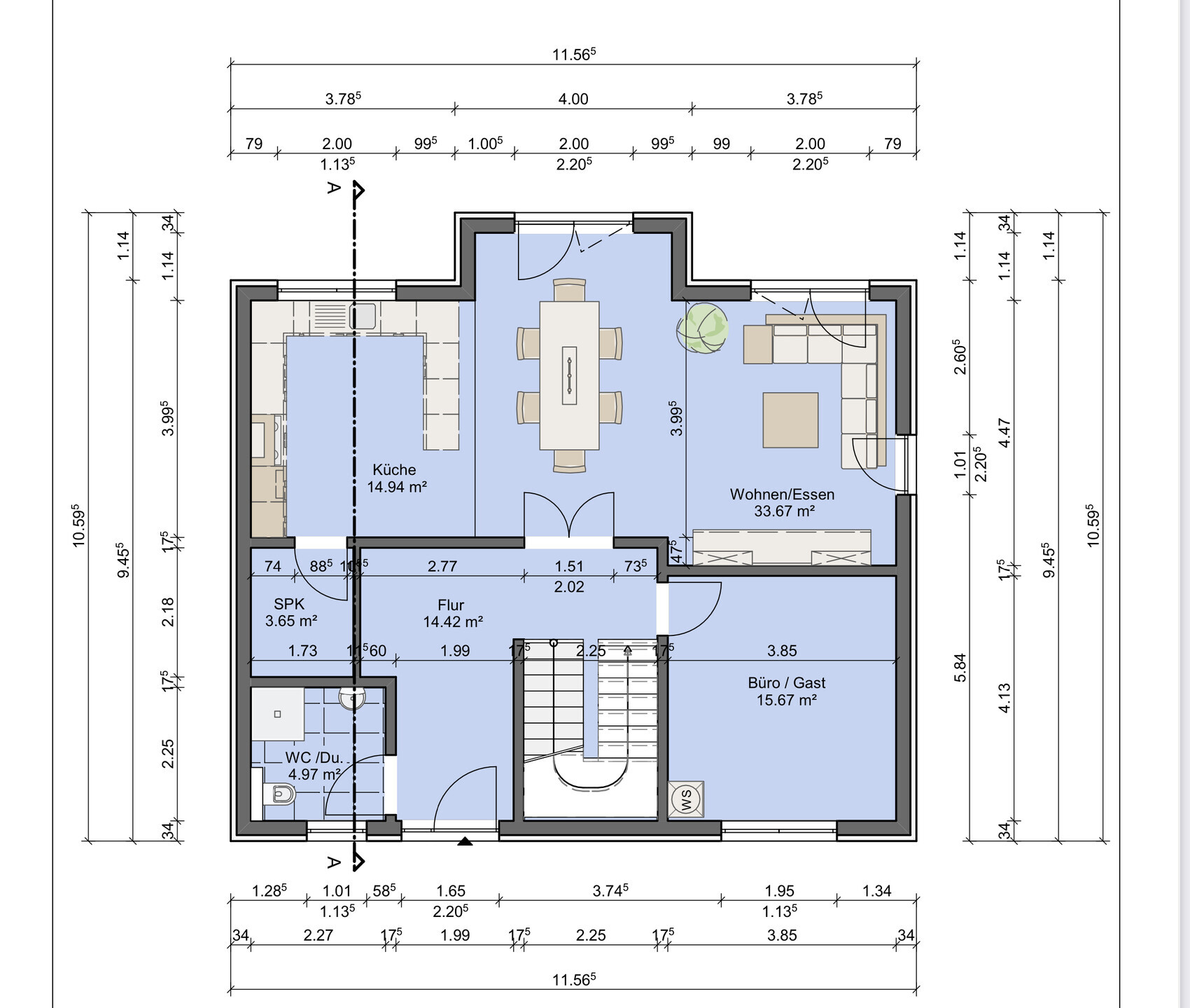 Grundriss eines Hauses mit Küche, Flur, Wohnen/Essen, Büro und WC