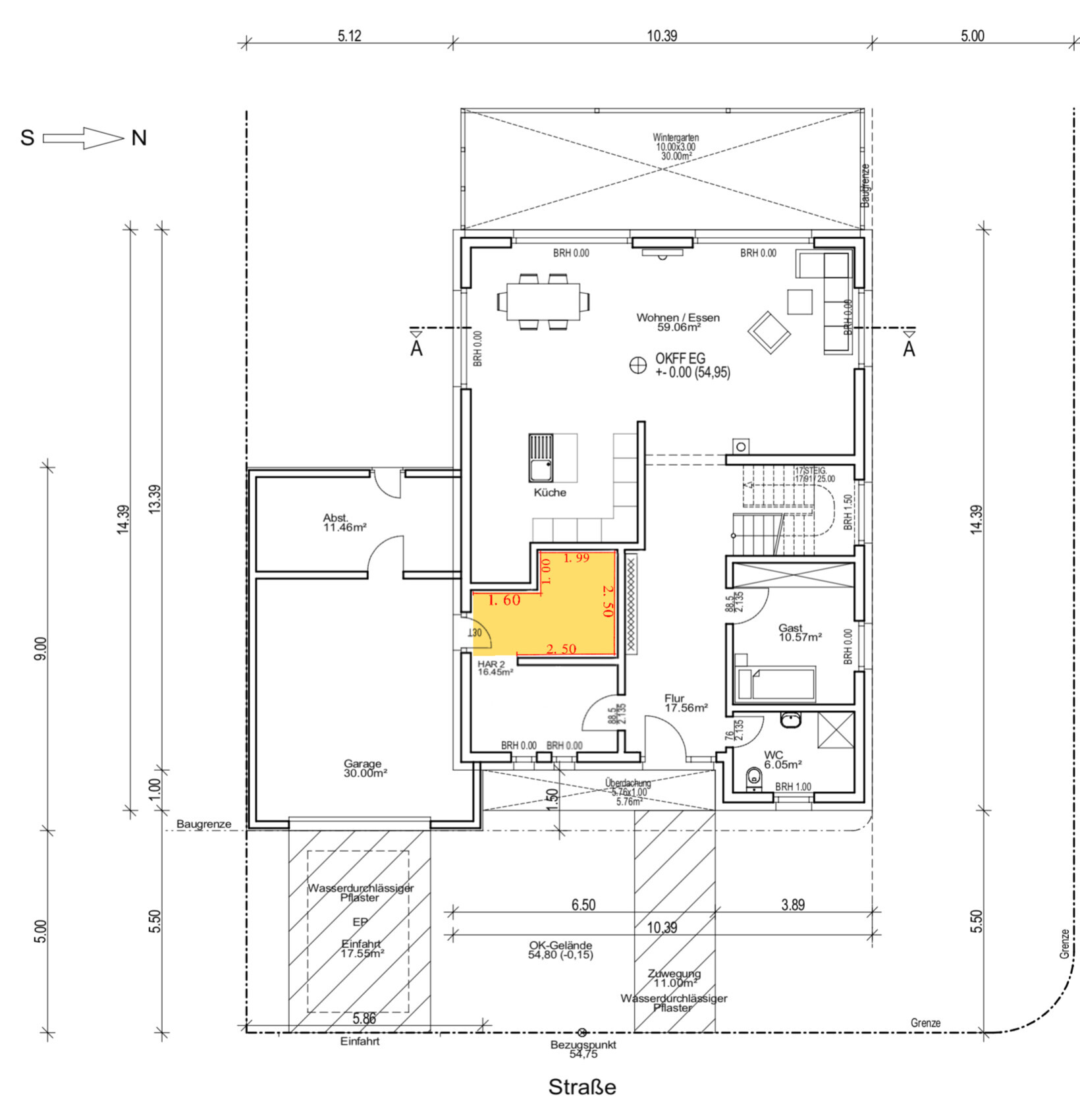 Grundriss eines Einfamilienhauses mit Wohn-/Essbereich, Küche, Flur, Gästezimmer, Garage.