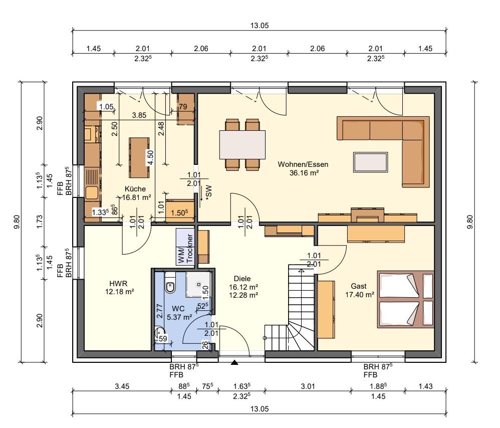 Grundriss eines Einfamilienhauses mit Küche, Wohnen/Essen, Diele, HWR, WC und Gastzimmer.