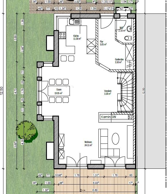 Grundriss eines Hauses mit Küche, Esszimmer, Wohnzimmer, Flur und Treppe.
