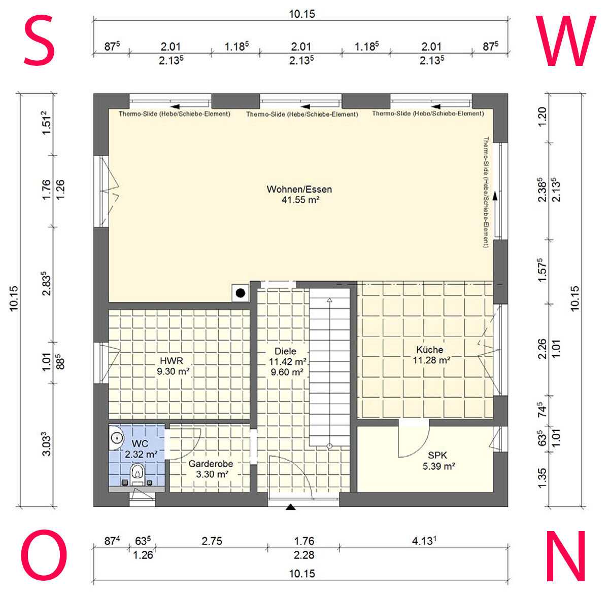 Grundriss eines Hauses: Wohn/Essbereich, Küche, Diele, WC, Garderobe, HWR, SPK.