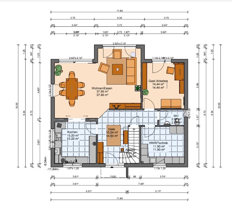 Zweidimensionaler Hausgrundriss mit Küche, Wohnzimmer, Diele und Treppen, Maßangaben sichtbar
