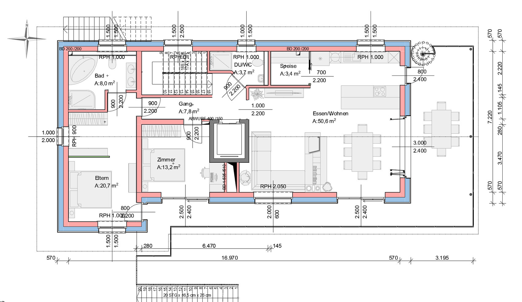 Grundriss eines Hauses: Räume wie Bad, Küche, Essen/Wohnen, Flur, Schlafzimmer, Kinderzimmer.