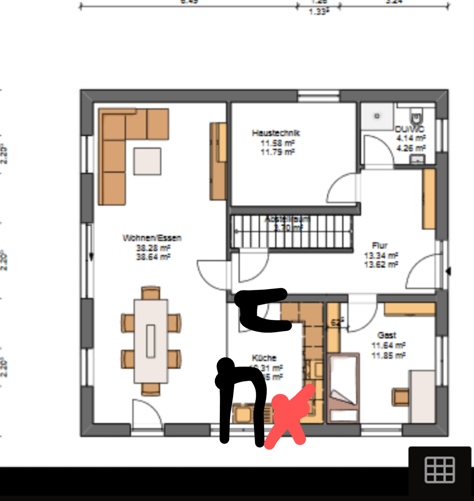 Grundriss eines Hauses: Wohn-/Essbereich, Küche, Gastzimmer, Flur, Treppenhaus, Heizungstechnik.