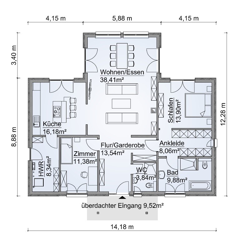 Grundriss: Offener Wohn-/Essbereich mit Küche, Schlafen, Bad, Ankleide, Flur, WC, HWR und Zimmer.