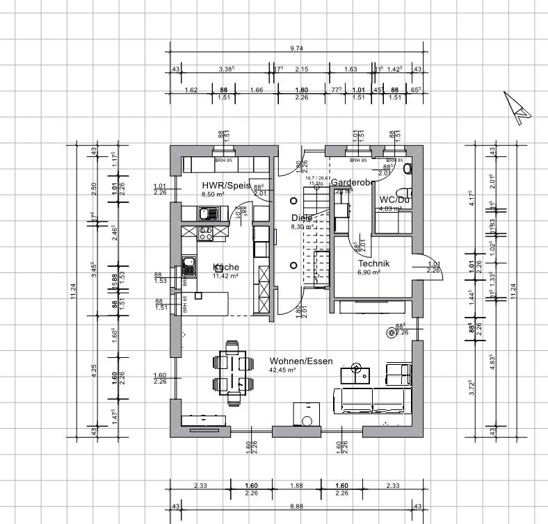 Grundriss eines Hauses mit Küche, Wohnen/Essen, Diele, HWR, Garderobe, Technik, WC/Dusche