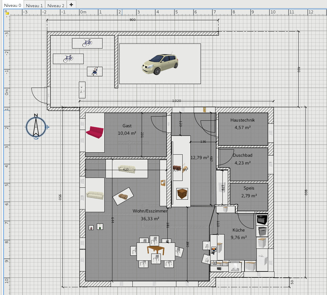 Grundriss: Wohn-/Esszimmer, Küche, Gästezimmer, Haustechnik, Duschbad, Speis; Auto oben.