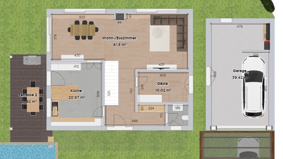 2D-Grundriss eines Hauses mit Wohn- undEsszimmer, Küche, Gästezimmer, Terrasse und Garage.