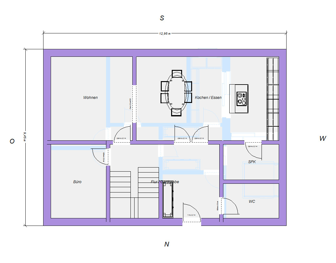 2D-Hausgrundriss mit Wohnzimmer, Kochen/Essen, Büro und WC sowie Treppenhaus