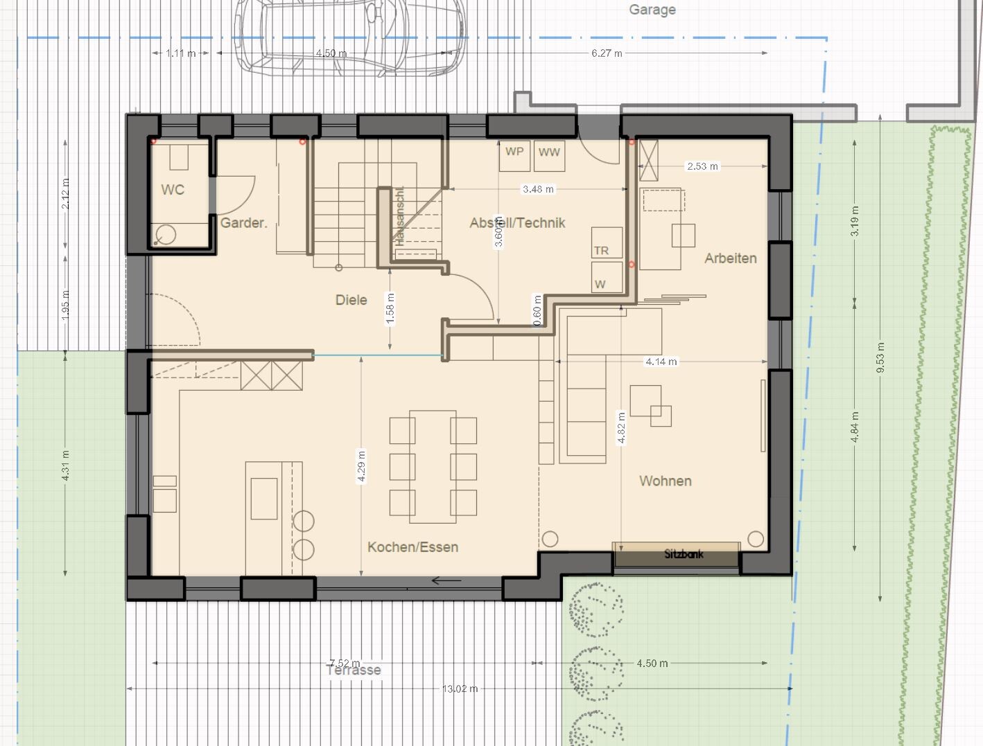 Grundriss Erdgeschoss: Kochen/Essen, Wohnen, WC, Garderobe, Technikraum, Terrasse, Garage.