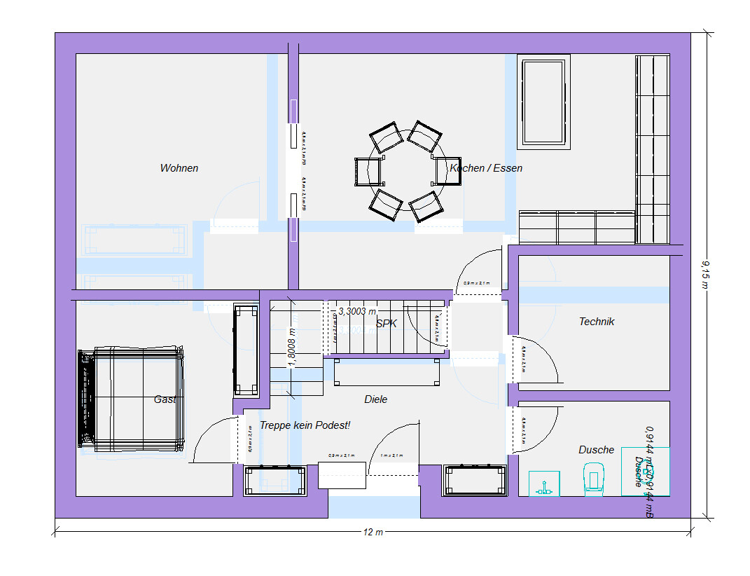 Grundriss eines Hauses mit Wohnzimmer, Küche/Essbereich, Gästezimmer, Dusche, Diele, Treppe