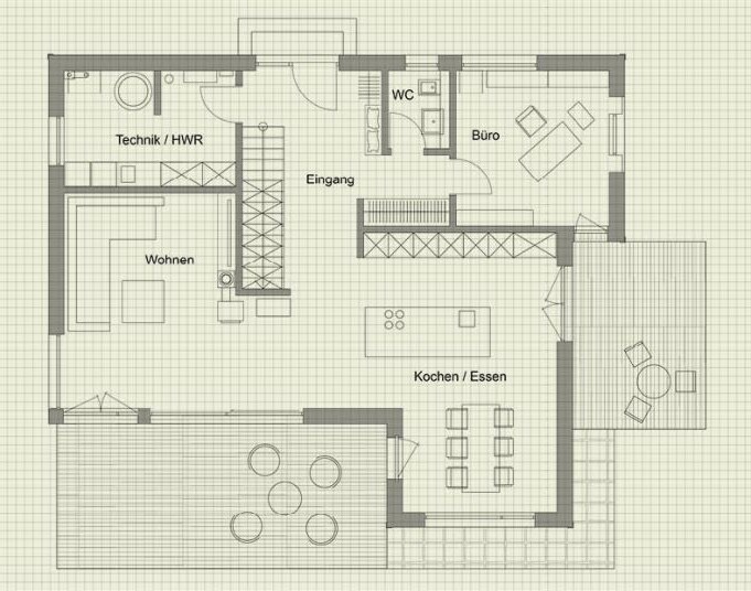 Grundriss eines Hauses mit Eingang, Büro, Kochen / Essen, Wohnen, Technik/HWR, WC und Terrasse.