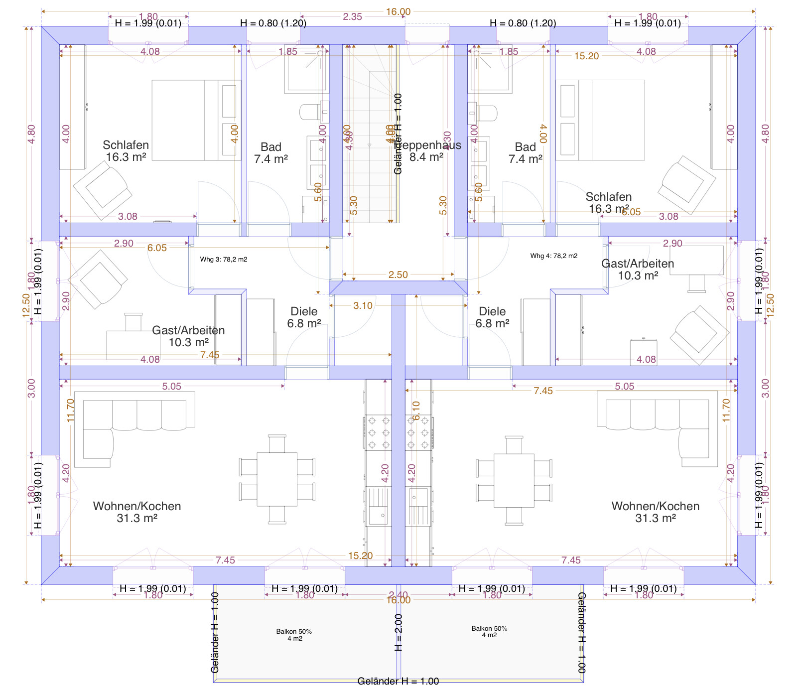Grundriss eines Doppelhauses mit zwei Wohnungen: Schlafen, Bad, Diele, Wohnen/Kochen, Balkon.