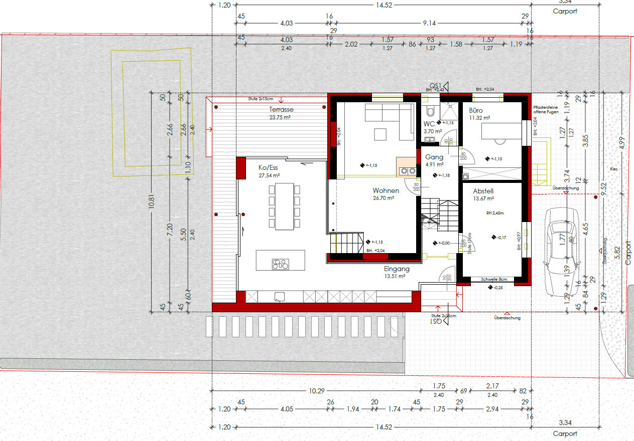 2D-Grundriss eines Einfamilienhauses mit Wohnzimmer, Küche, Essbereich, Terrasse und Eingangsbereich