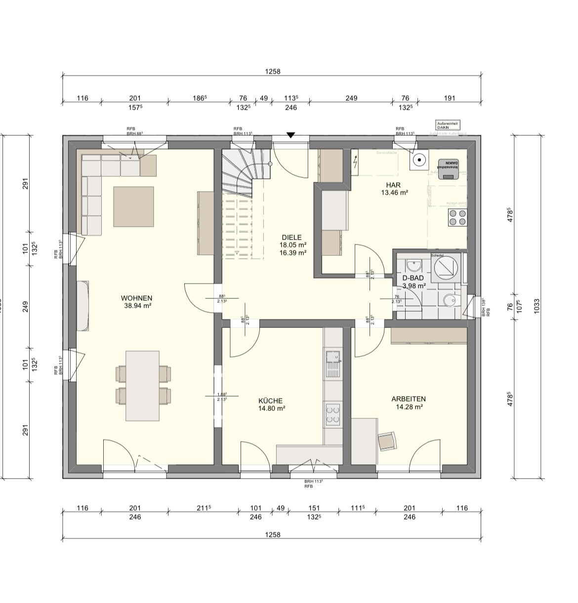 Grundriss eines Hauses: Wohnzimmer, Küche, Arbeitszimmer, Diele, Bad und HAR.