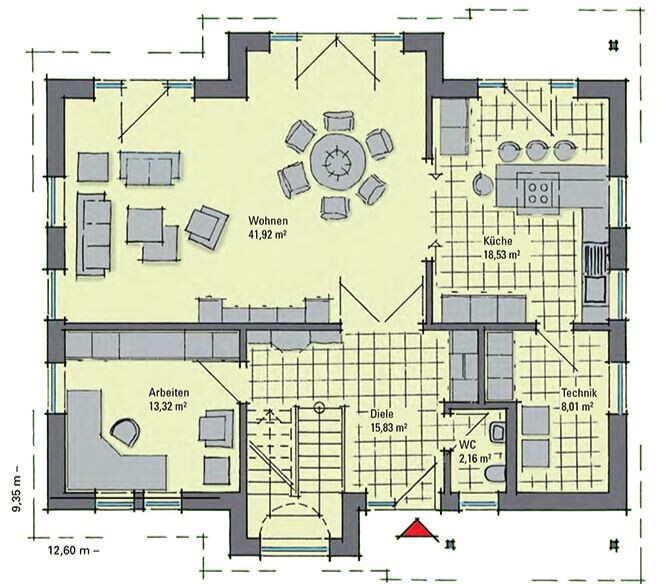 Grundriss eines Hauses mit Wohnbereich, Kueche, Diele und Arbeitszimmer
