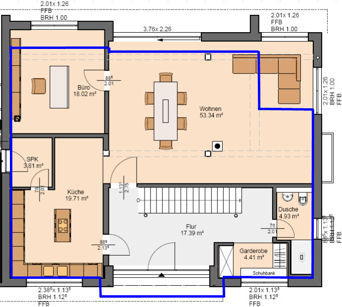 Grundriss eines Apartments: Wohnen, Küche, Büro, Flur, Dusche, Garderobe, SPK