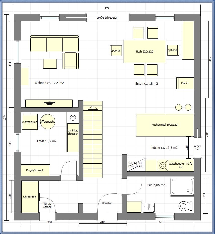Grundrissplan eines Hauses mit Wohnzimmer, Küche und Essbereich