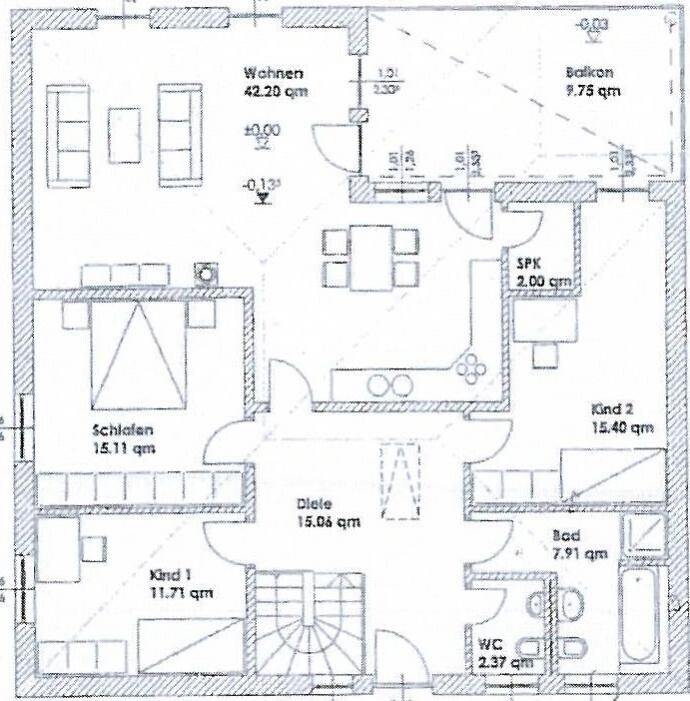 Grundriss eines Hauses mit Wohnzimmer, Küche, Diele, Bad und Schlafzimmer